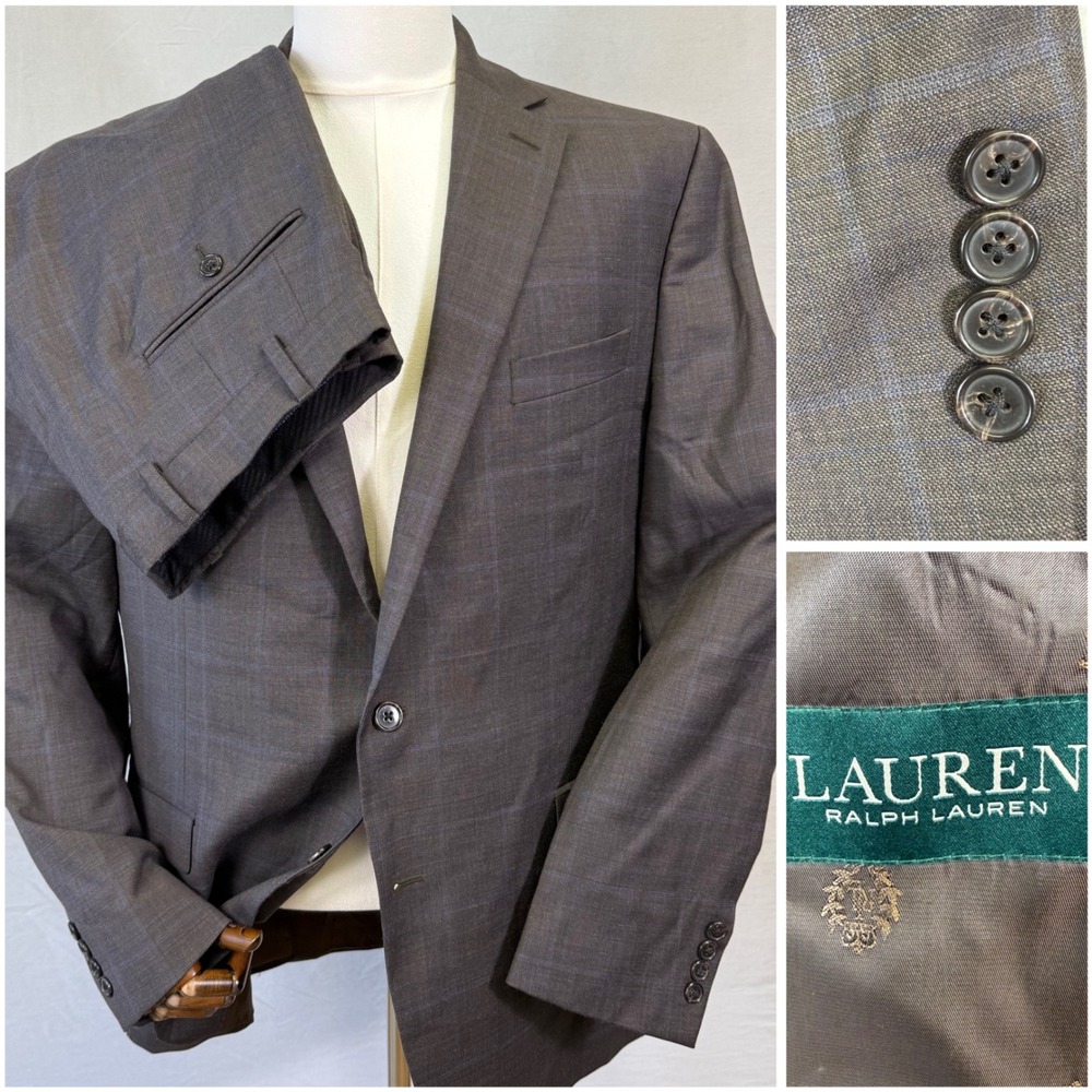 Lauren Ralph Lauren Suit Mens 44L 38Wx31L Brown Blue Windowpane Wool Double Vent
